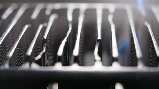 Close-up view of a metal grill; macro shot of grill element
