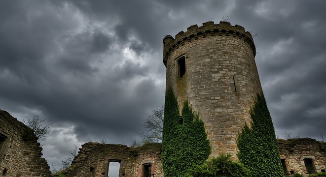 Ancient stone castle tower ruins under stormy sky