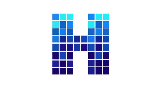 Blocky letter H made of gradient blue squares arranged to create the alphabet shape