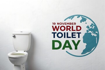 World Toilet Day Logo Featuring Toilet Against Clean White Bathroom Background With Global Symbol

