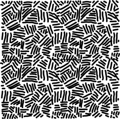 Abstract black and white optical illusion pattern of irregular short lines forming geometric textures and visual depth. Modern graphic design background.