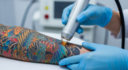 Woman getting tattoo removed from arm with laser. Tattoo removal procedure. Laser cosmetology for skin care treatment.