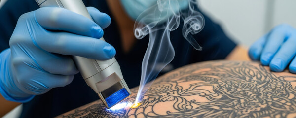 Person getting tattoo removal with laser. Laser surgery treatment for unwanted tattoo. Aesthetic medicine procedure.