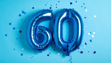 Blue balloon number 60 with confetti on solid colored background. Photo for anniversary or birthday party