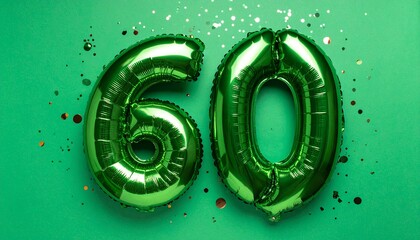 Green balloon number 60 with confetti on solid colored background. Photo for anniversary or birthday party