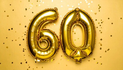 Gold balloon number 60 with confetti on solid colored background. Photo for anniversary or birthday party