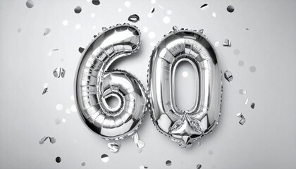 Silver balloon number 60 with confetti on solid colored background. Photo for anniversary or birthday party