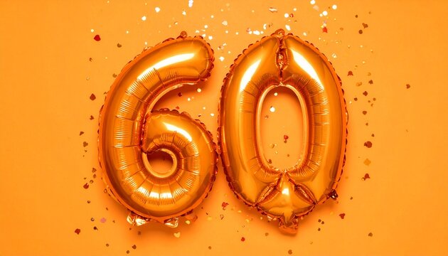 Orange balloon number 60 with confetti on solid colored background. Photo for anniversary or birthday party - Powered by Adobe