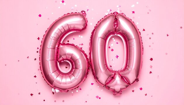 Pink balloon number 60 with confetti on solid colored background. Photo for anniversary or birthday party - Powered by Adobe