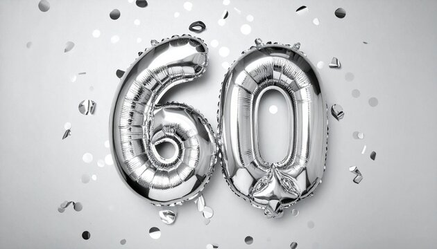 Silver balloon number 60 with confetti on solid colored background. Photo for anniversary or birthday party