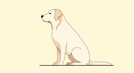 A light colored dog sits patiently in profile on a light yellow background.