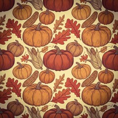 Seamless Hand-Drawn Pumpkin Corn & Autumn Leaves Pattern &ndash; Thanksgiving Harvest