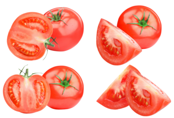 photograph showcasing four major elements of ripe red tomato compositionally: whole fruits with green stems, large halves cut across, and crisp triangular wedges, isolated on a transparent background.