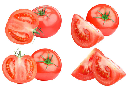 photograph showcasing four major elements of ripe red tomato compositionally: whole fruits with green stems, large halves cut across, and crisp triangular wedges, isolated on a transparent background. - Powered by Adobe