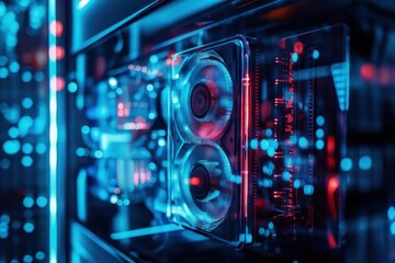 Futuristic close-up of computer hardware illuminated by colorful lights
