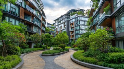 Modern Urban Apartment Complex Surrounded by Lush Greenery and Scenic Pathways in Contemporary Architecture Style
