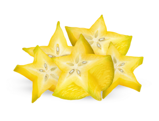bright yellow carambola starfruit slices isolated on a solid transparent background, showcasing the beautiful cross-section and central seeds.
