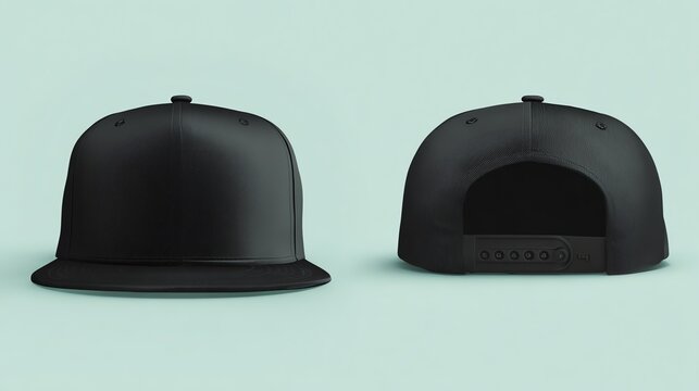 Displaying Black Snapback Hat Mockup Front and Back Isolated on Blue Background