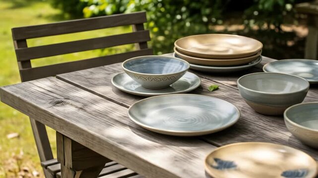 Arrangement of handcrafted ceramic tableware on rustic wooden table