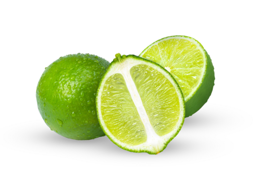 close-up photograph of a fresh whole lime and two bright neon green halves with visible pulp, isolated on a pure transparent background studio shot.