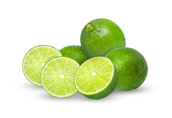 studio photograph capturing a vibrant group of wet whole limes clustered around three bright green citrus fruit slices, isolated against a pure transparent background.