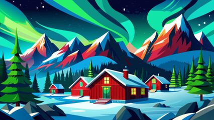 Obraz premium Very beautiful northern lights dancing over red cabins in Alaska’s snowy mountains, illuminating the night sky with green and purple hues, creating a magical winter scene full of peace and natural won