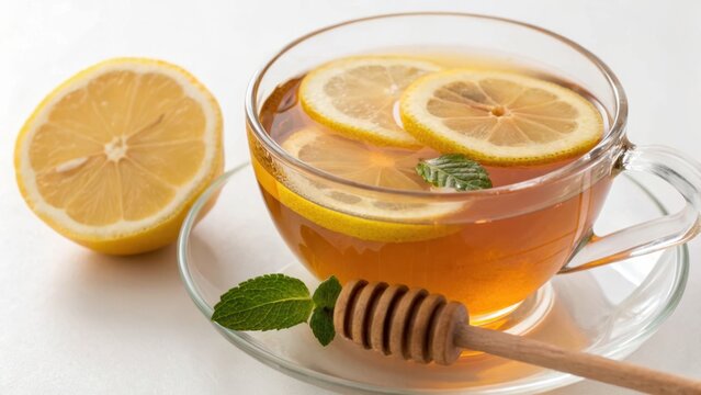 allergy aware cooking A refreshing cup of lemon tea garnished with mint and honey, accompanied by a lemon half.