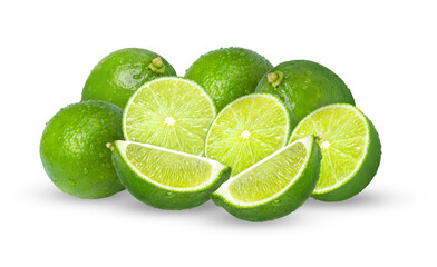 generous pile photograph of ripe, wet green limes presented whole, cut into halves, and shaped into wedges, isolated on a pure transparent background.