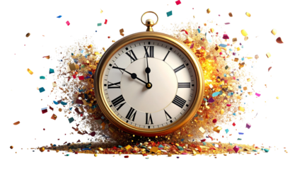 Clock showing midnight time with confetti explosion, isolated on transparent background, countdown concept for New Year 2026