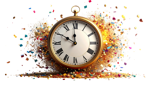 Clock showing midnight time with confetti explosion, isolated on transparent background, countdown concept for New Year 2026