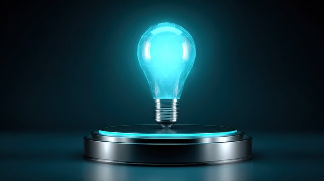 Futuristic Light Bulb Hovering in Radiant Glow on Minimalist Display Base with Dark Background - Powered by Adobe