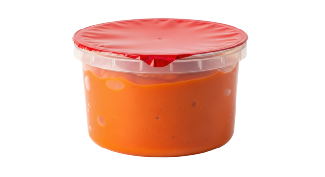 Isolated container of orange food with a red top sealed, food storage and preservation
