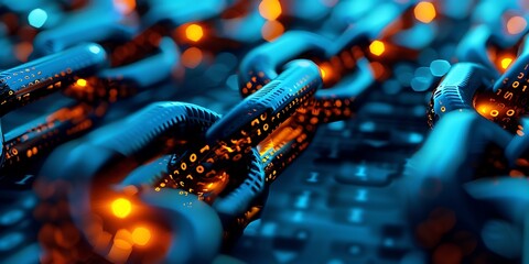 Abstract digital network of glowing interconnected chains, representing technology and data flow.