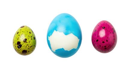 Isolated Easter eggs, spring holiday food, green speckled, blue cracked, pink speckled eggs