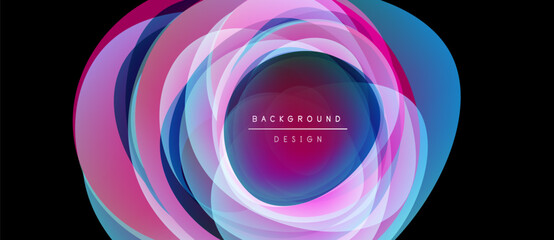 Abstract vibrant layers create circular design. Pink, blue hues blend, forming dynamic visual effect. Modern, stylish background element.