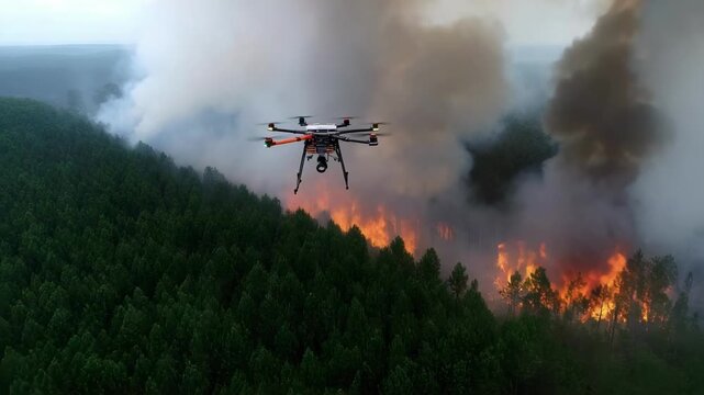 A firefighting quadcopter flies over a forest fire, spraying water as flames and smoke billow up.
