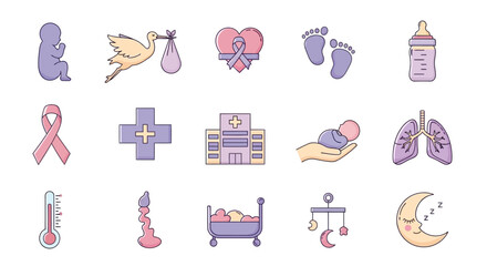 Vector set of infant and baby care awareness icons including silhouette stork heart footprints pacifier bottle medical cross ribbon hospital hand holding baby lungs thermometer cradle mobile and moon 