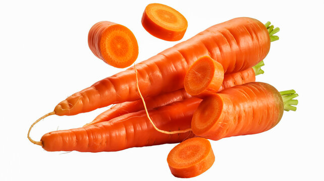 Fresh orange carrots with slices levitating for healthy cooking and nutrition