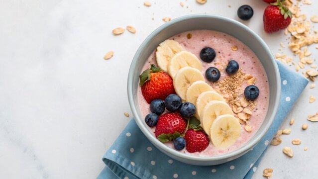 kids food allergy friendly Delicious smoothie bowl topped with bananas, strawberries, blueberries, and oats on a light background.