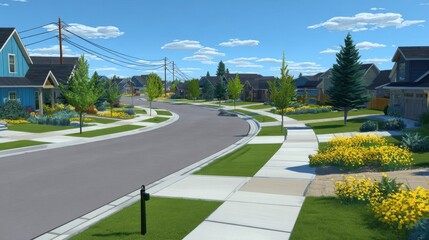 Fototapeta premium Serene Suburban Neighborhood with Lush Gardens and Clear Blue Skies in Bright Daylight
