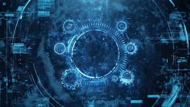 Futuristic blue digital schematic with gears and circular designs