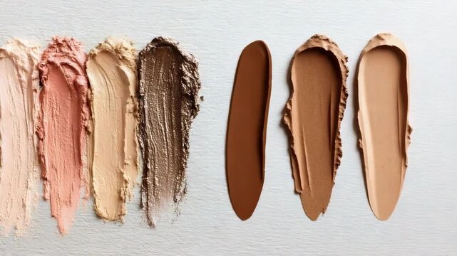 A row of creamy makeup swatches in nude pinks, peaches and browns arranged on a light surface.