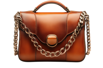Stylish brown leather handbag with a gold chain accent perfect for fashion conscious women everywhere on transparent background