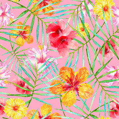 Tropical aloha flowers seamless watercolor vintage pattern on pink background © AineGing