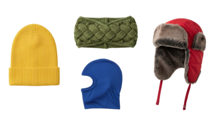 Isolated cold weather headwear collection featuring beanie, knitted headband, balaclava, trapper hat