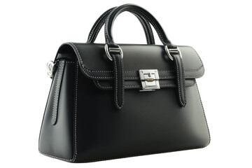 Elegant black leather handbag with silver hardware and white stitching on a clean background display on transparent background