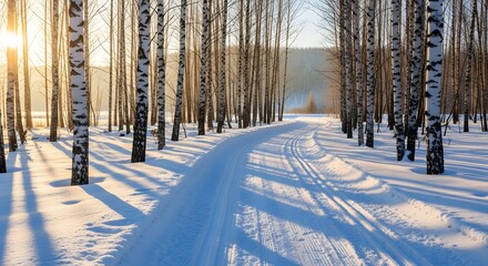 Snowy path through birch trees on a sunny day with sunlight streaming through the winter forest scene