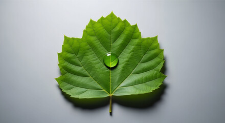 Stunning green leaf with a glistening water droplet symbolizes freshness, purity and nature's renewal