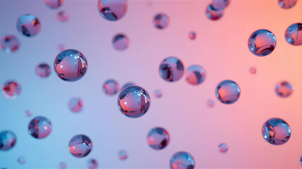 Transparent drops of clean water and bubbles on blue glass create a clear liquid pattern and light texture