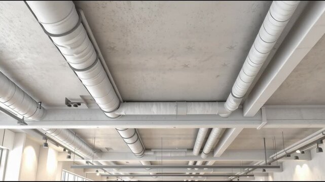 Industrial ceiling with exposed air ducts and ventilation pipes, modern loft interior, clean metallic texture, soft natural lighting.